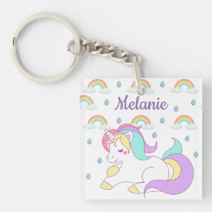Cute Unicorn and Rainbows Personalised Key Ring