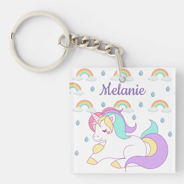 Cute Unicorn and Rainbows Personalised Key Ring (Front)