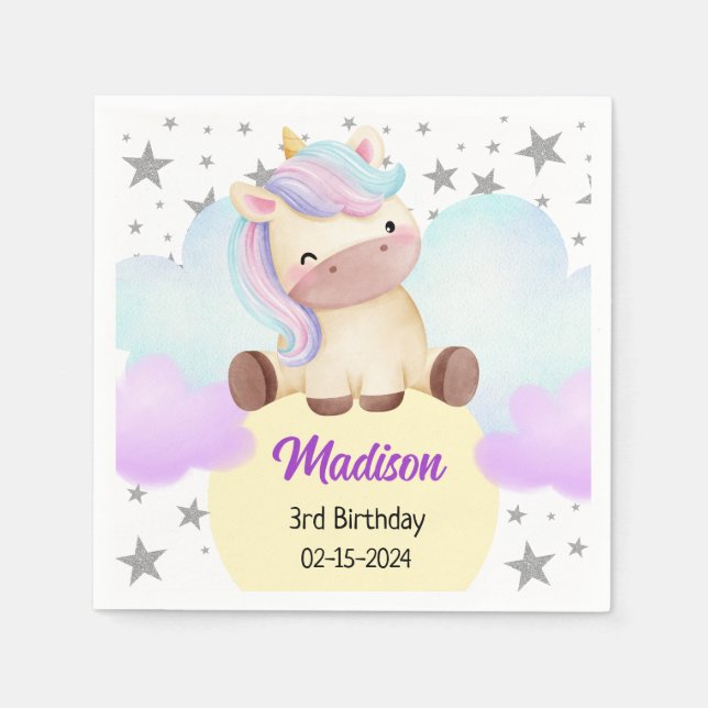 Cute Unicorn and Silver Stars Birthday Napkin (Front)