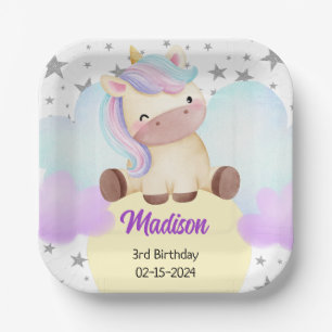 Cute Unicorn and Silver Stars Birthday Paper Plate