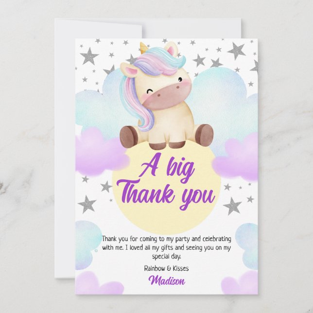 Cute Unicorn and Silver Stars Birthday Thank You Card (Front)
