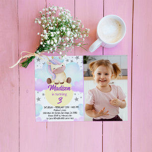 Cute Unicorn and Silver Stars Photo Birthday Invitation