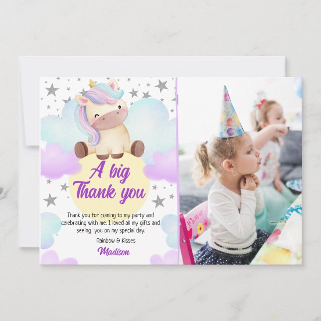 Cute Unicorn and Silver Stars Photo Birthday  Thank You Card (Front)