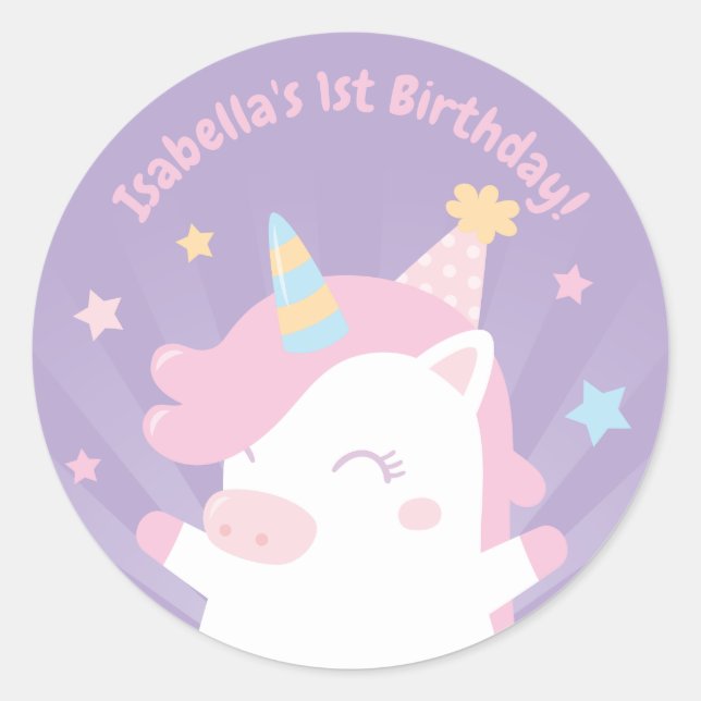 Cute Unicorn and Stars Girls Birthday Stickers (Front)