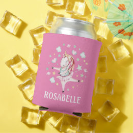 Cute Unicorn Ballerina Girly PInk Kids' Can Cooler