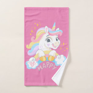 Cute unicorn Be Happy Hand Towel