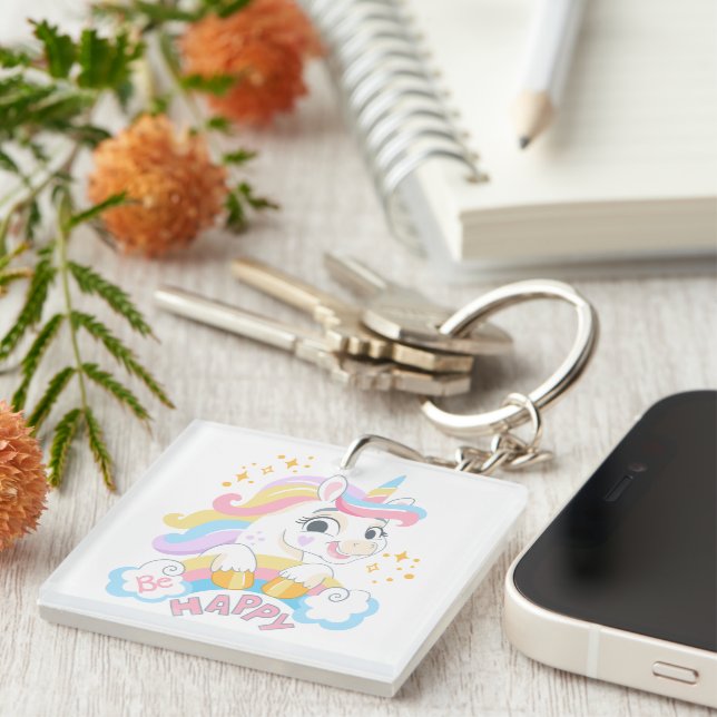 Cute unicorn Be Happy Key Ring (Front Right)