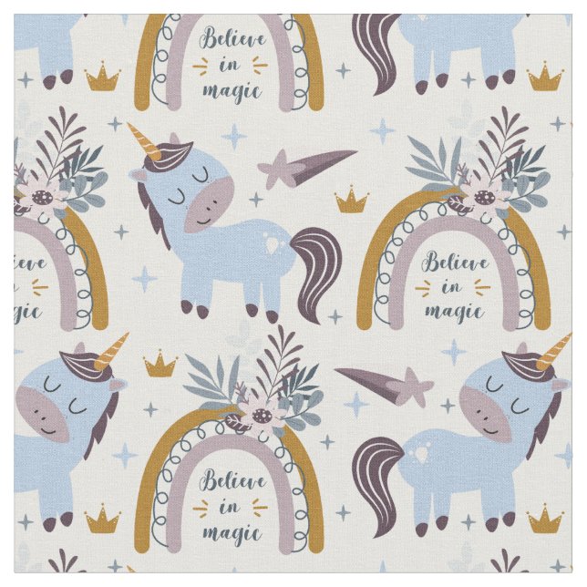 Cute Unicorn Believe in Magic Pattern Fabric (Close Up)