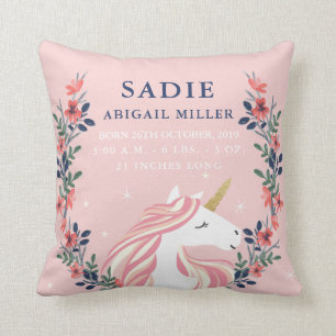Cute Unicorn Birth Announcement Nursery Pillow