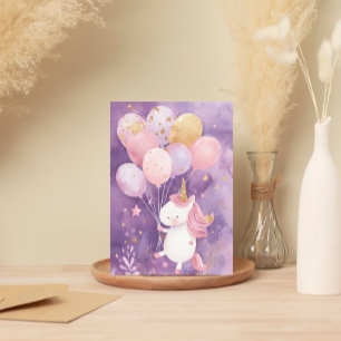 Cute Unicorn Birthday Card – Pink & Gold Balloons
