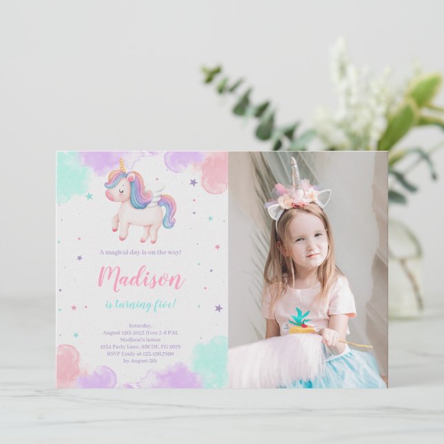 Cute Unicorn Birthday Magical Unicorn Photo Invitation (Standing Front)
