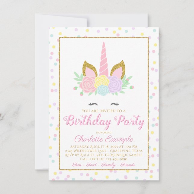 Cute Unicorn Birthday Party Invitations (Front)