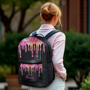 Cute unicorn black glitter birthday monogram acces printed backpack