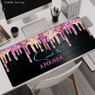 Cute unicorn black glitter birthday monogram desk mat