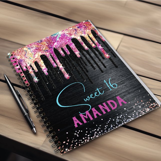 Cute unicorn black glitter birthday monogram notebook (Creator Uploaded)