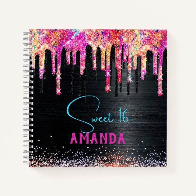 Cute unicorn black glitter birthday monogram notebook (Front)