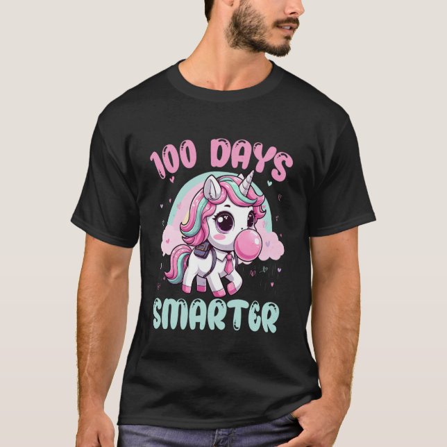 Cute Unicorn Blowing Bubble Gum 100 Days Smarter S T-Shirt (Front)