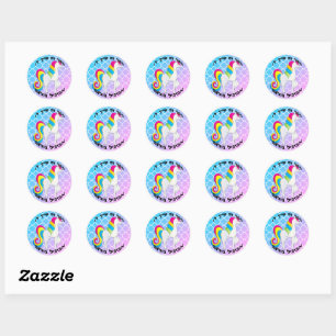 Cute Unicorn Blue and Pink Quatrefoil Classic Round Sticker