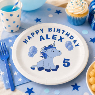 Cute Unicorn Blue Boy`s Birthday Party Paper Plate