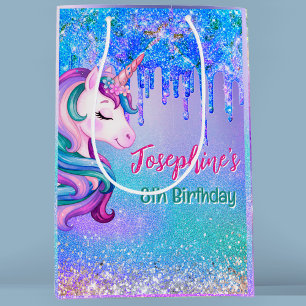 Cute Unicorn blue green drip birthday  Medium Gift Bag