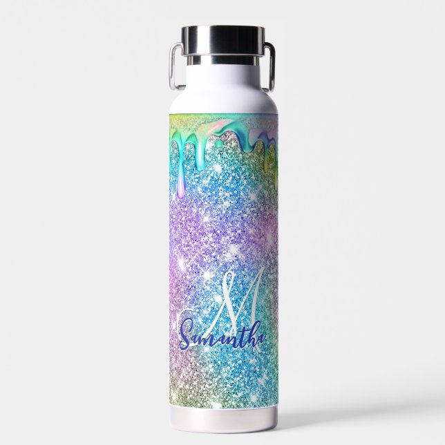 Cute unicorn blue pink glitter drips monogram water bottle (Front)