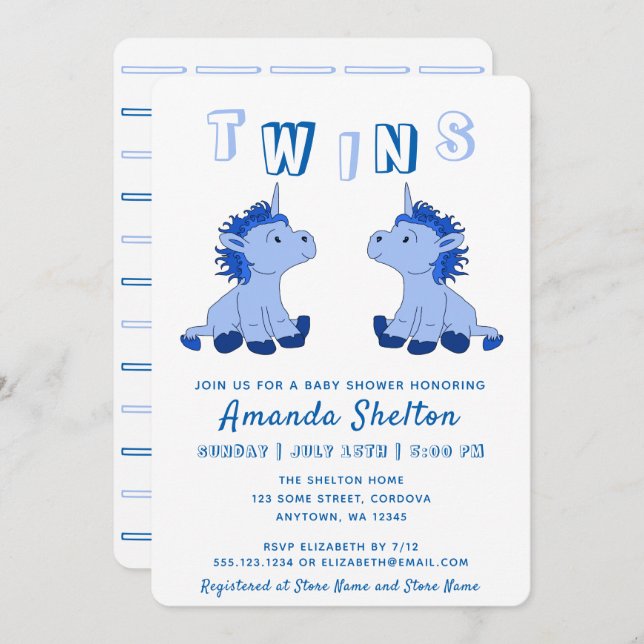 Cute Unicorn Blue Twins Boys Baby Shower Invitation (Front/Back)