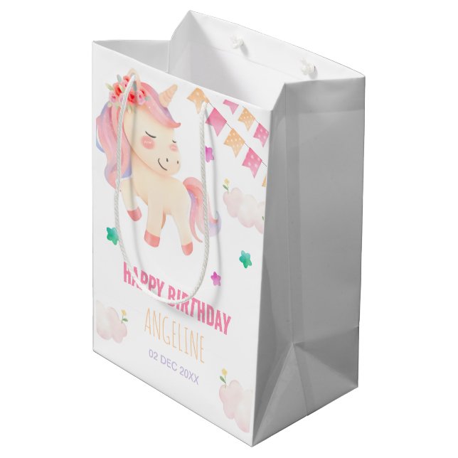 Cute Unicorn Bunting Flag Girl Birthday  Medium Gift Bag (Back Angled)