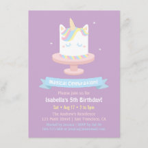 Cute Unicorn Cake Girls Birthday Party Invitations