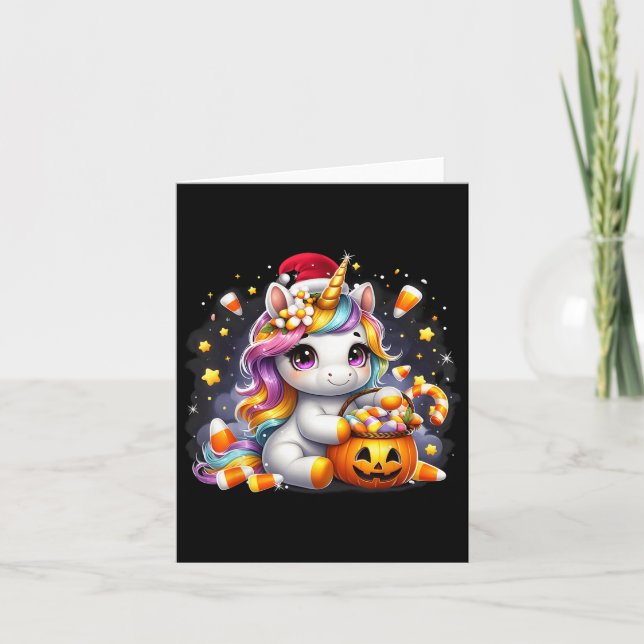 Cute Unicorn Candy Halloween Santa Hat Christmas G Card (Front)