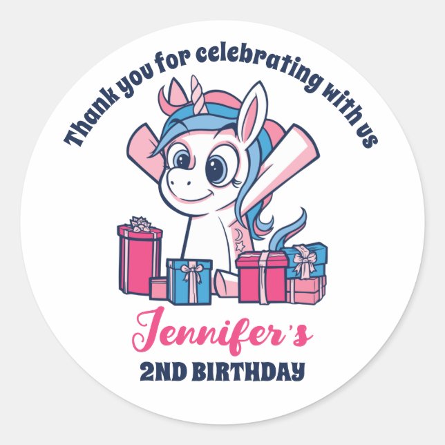 Cute Unicorn Cartoon Girls Birthday Party Favour Classic Round Sticker (Front)