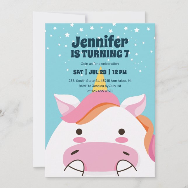 Cute  Unicorn Cartoon Magical Kids Birthday Invitation (Front)