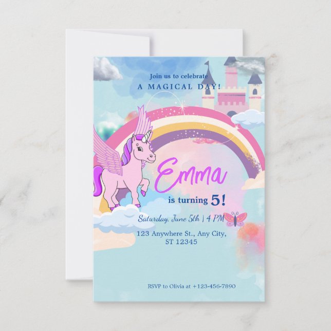 Cute Unicorn castle Birthday invitation for Child (Front)