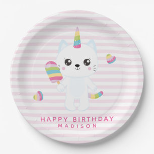 Cute Unicorn Cat - Pink Striped Paper Plate
