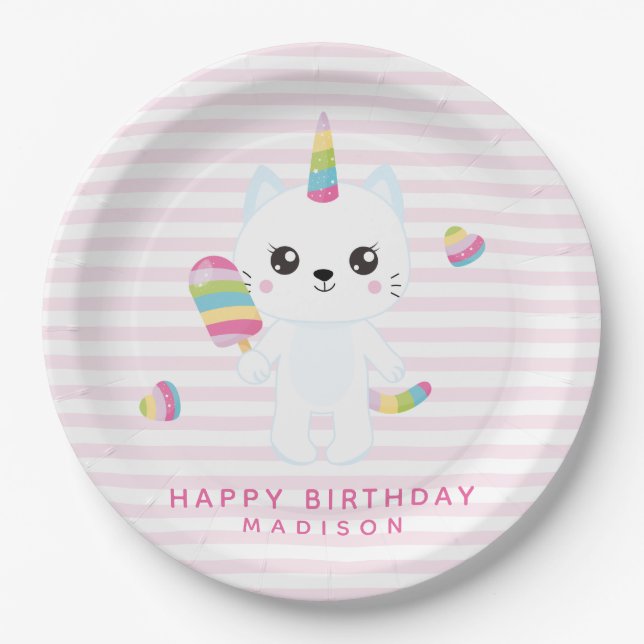 Cute Unicorn Cat - Pink Striped   Paper Plate (Front)