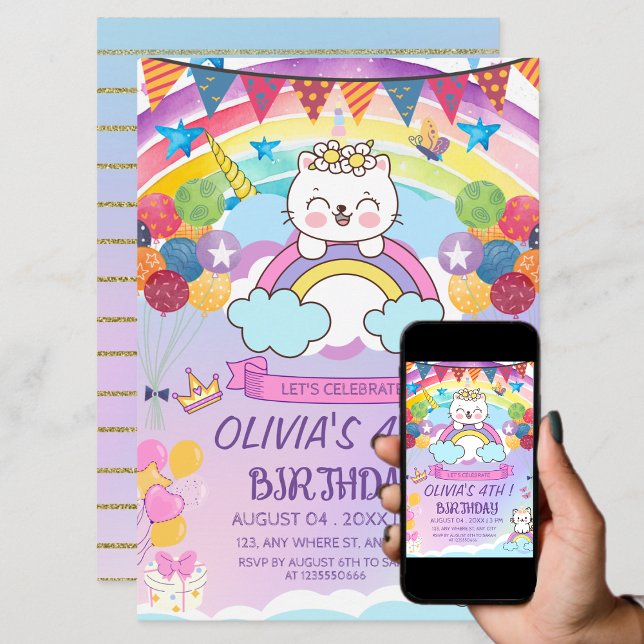Cute Unicorn Cat Rainbow Girl's Birthday Party  Invitation (Creator Uploaded)