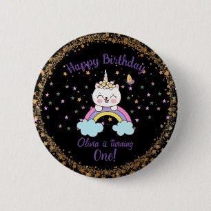 Cute Unicorn Cat Rainbow Stars Girl 1st Birthday 6 Cm Round Badge