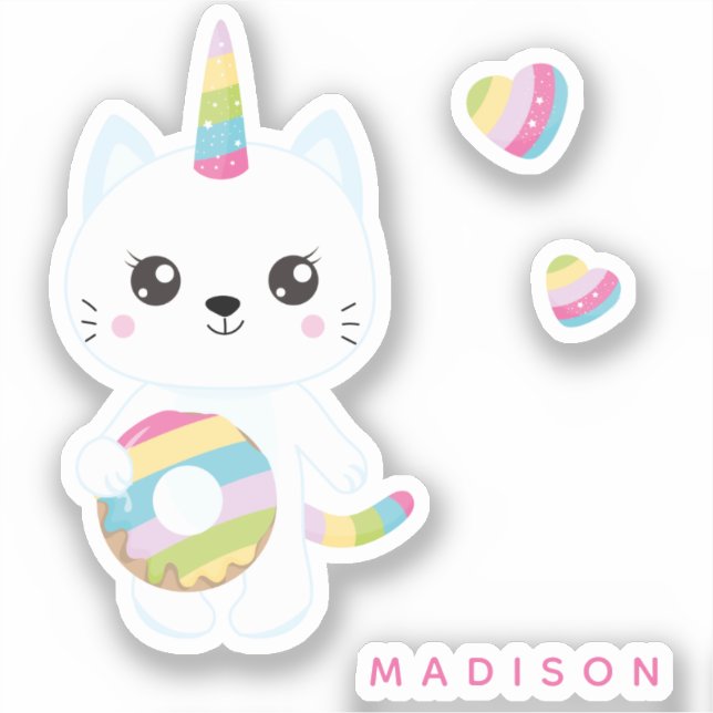 Cute Unicorn Cat with Rainbow Hearts Sticker (Front)