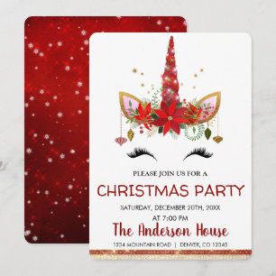 Cute Unicorn Christmas Holiday Dinner Party Invitation