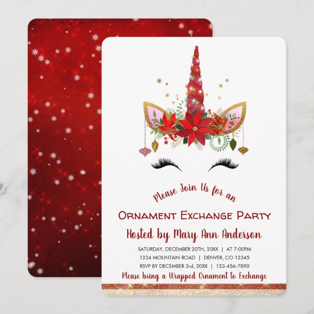 Cute Unicorn Christmas Ornament Exchange Party Invitation (Front/Back)