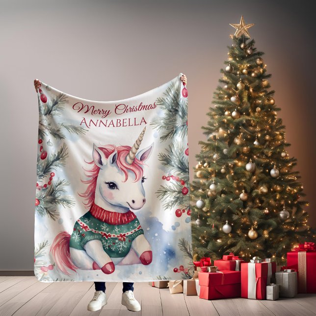 Cute Unicorn Christmas Personalised Fleece Blanket (Creator Uploaded)