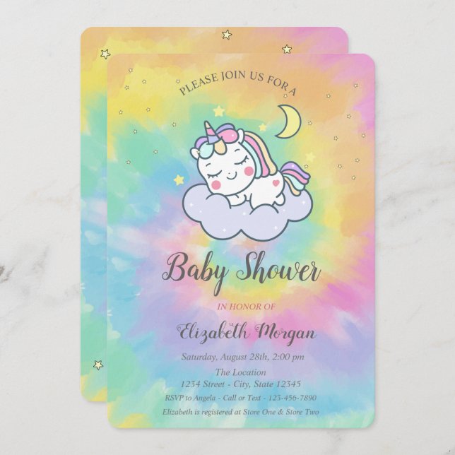 Cute Unicorn, Cloud, Stars Tie Dye Baby Shower Invitation (Front/Back)