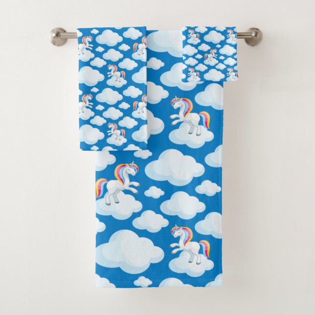 Cute Unicorn Clouds Whimsical Blue Pattern Bath Towel Set (Insitu)