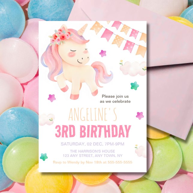 Cute Unicorn Colourful Bunting Flag Girl Birthday  Invitation (Creator Uploaded)