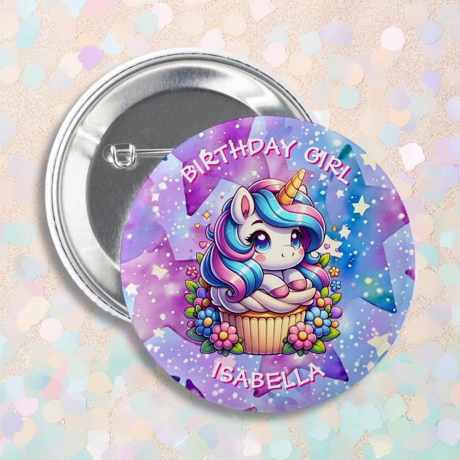 Cute Unicorn & Cupcake Personalised Birthday Girl 6 Cm Round Badge (Creator Uploaded)