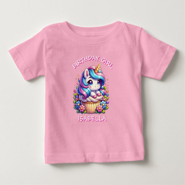 Cute Unicorn & Cupcake Personalised Birthday Girl Baby T-Shirt (Front)