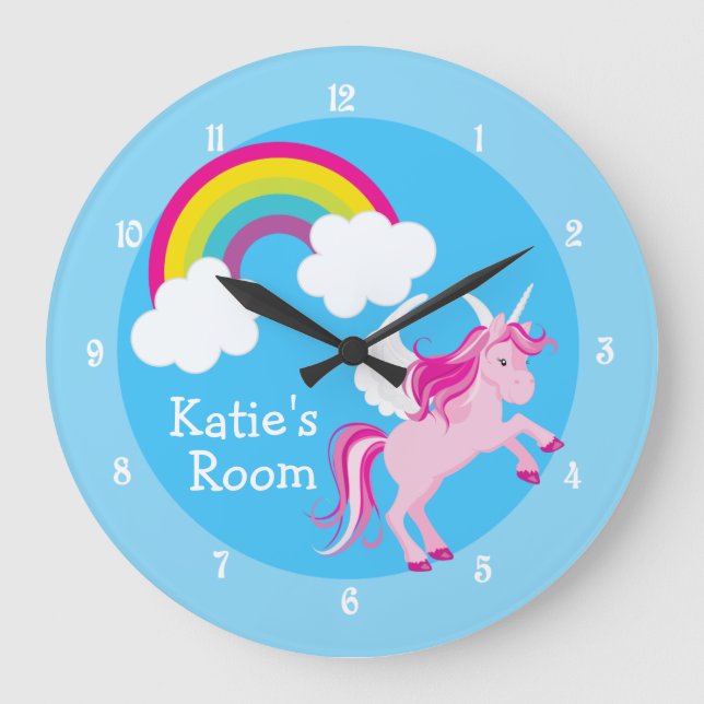 Cute Unicorn Custom Blue Large Clock (Front)