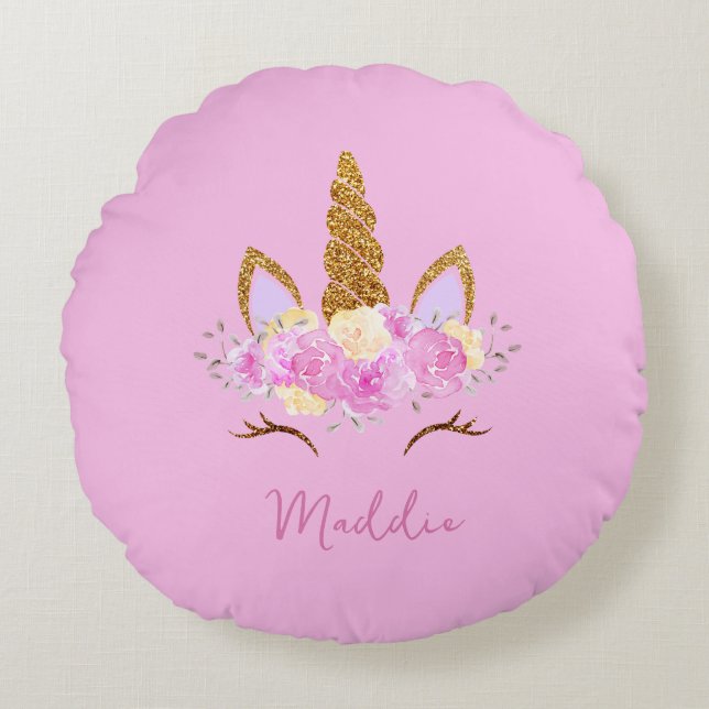Cute Unicorn Custom Name Round Cushion (Front)