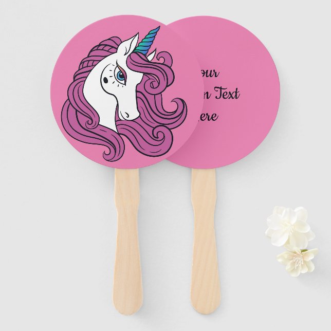 Cute Unicorn custom text & colour hand fan set (Front and Back)
