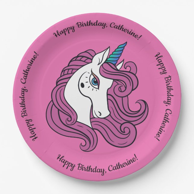 Cute Unicorn custom text & colour paper plates (Front)