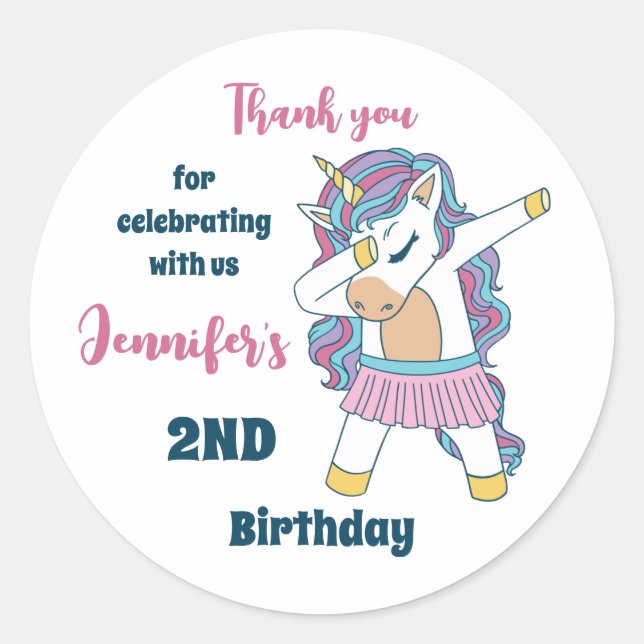 Cute Unicorn Dabbing Girls Birthday Party Favour Classic Round Sticker (Front)